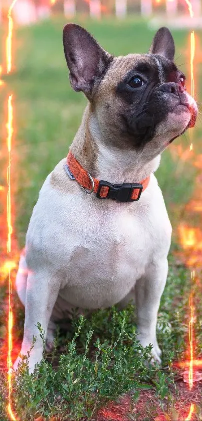 Bulldog with fiery effects on grass.