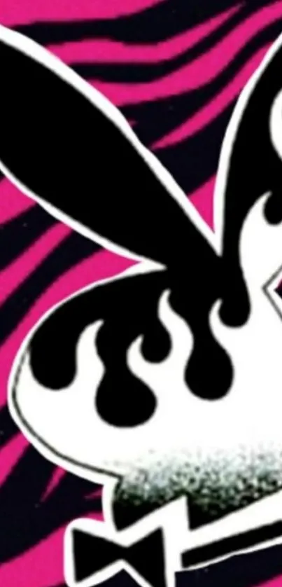 Flaming bunny on neon pink zebra wallpaper.