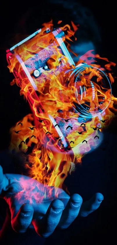 Vintage camera engulfed in vibrant flames against a dark background.