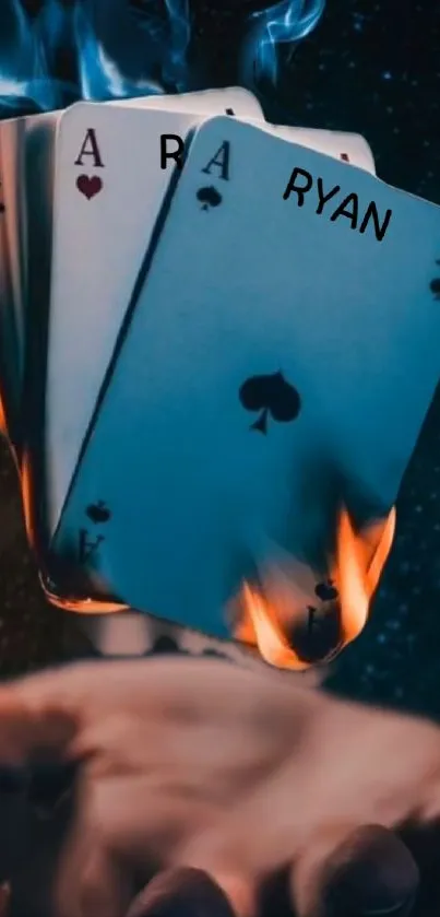 Flaming cards above a hand, magic-themed wallpaper.