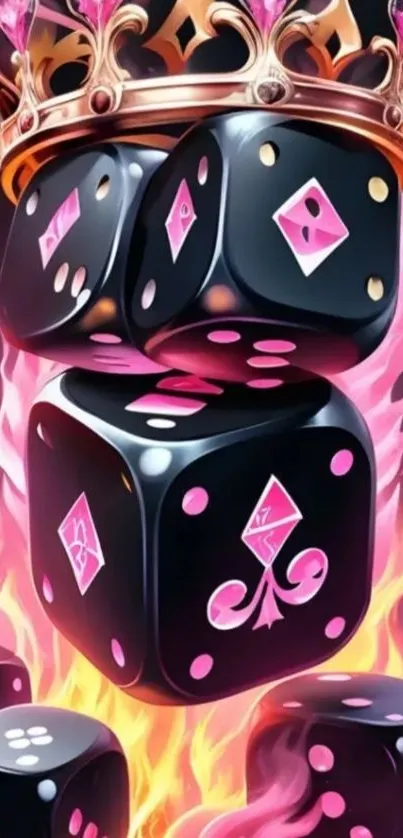 Stylized black dice with pink flames and crown.