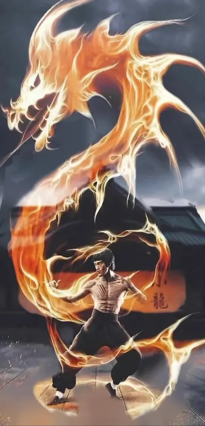 Fiery dragon and martial artist illustrated wallpaper.