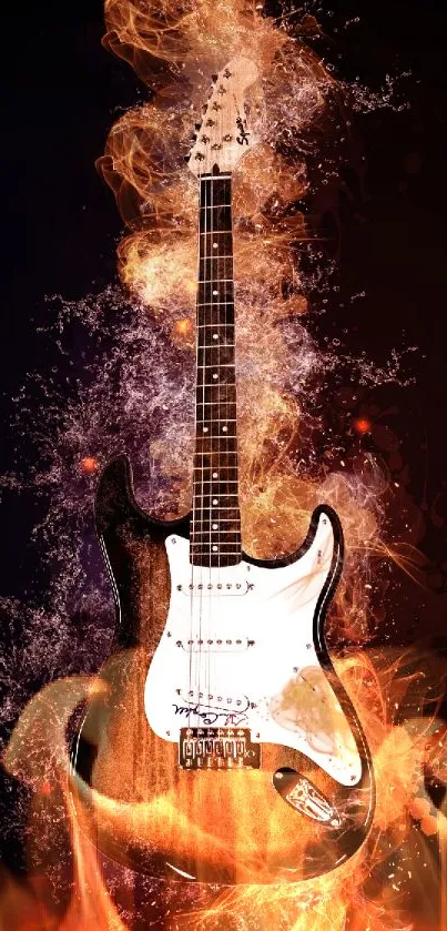 Fiery electric guitar on dark background wallpaper.