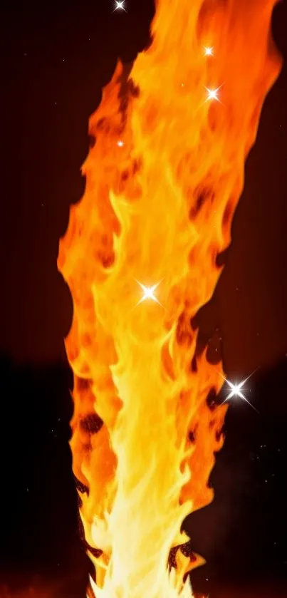 Vibrant orange flames on a dark background with sparkles.