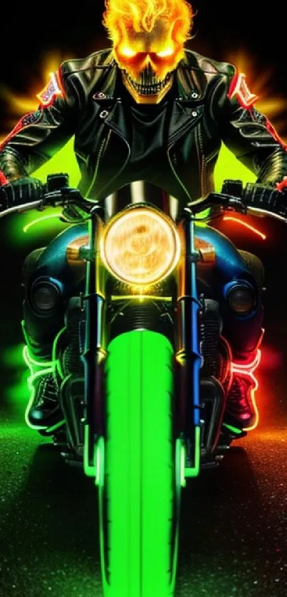 Motorcycle rider with fiery skull in vibrant neon colors.