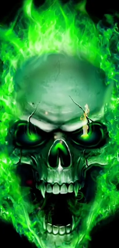 Vibrant green flaming skull mobile wallpaper.