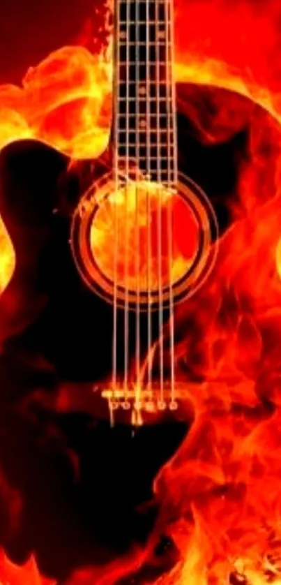 Fiery guitar engulfed in bright flames, vibrant mobile wallpaper.