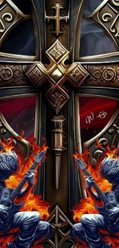 Rocking guitarists with flames and cross design on wallpaper.