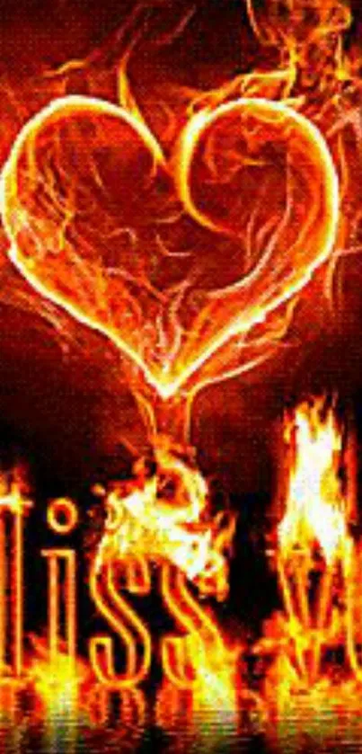 Flaming heart with I Miss You text in fire.