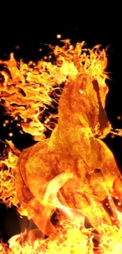 Fiery horse surrounded by flames on a dark background.