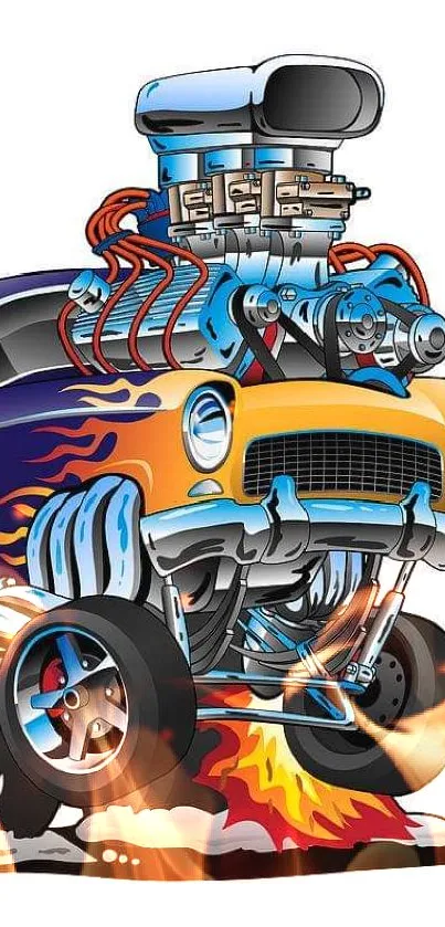 Vibrant hot rod car with flames and engine art on white background.