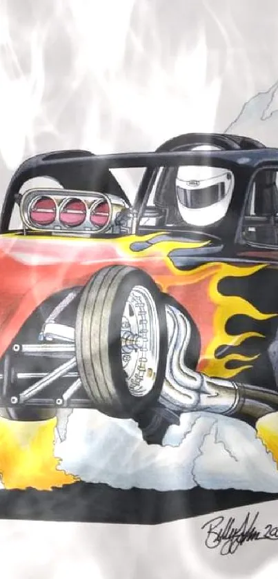 Vibrant hot rod with flames and smoke racing forward.