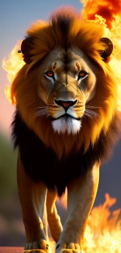 Majestic lion with flaming mane in a vibrant mobile wallpaper.