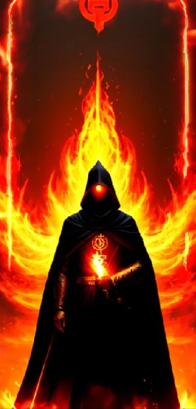 Mystical hooded figure engulfed in flames, perfect for dark fantasy enthusiasts.