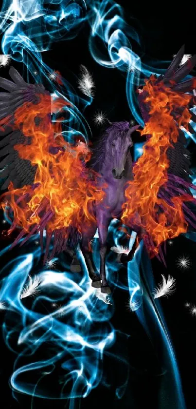 Fiery phoenix with smoke and feathers on a black background.