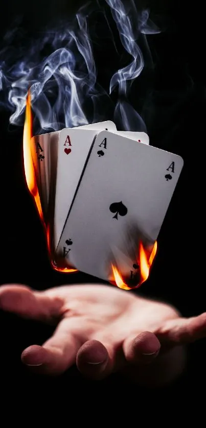 Flaming playing cards levitating above a hand.