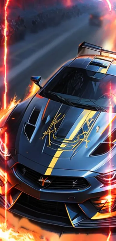 Dynamic flaming race car with vibrant orange streaks and speed effects.