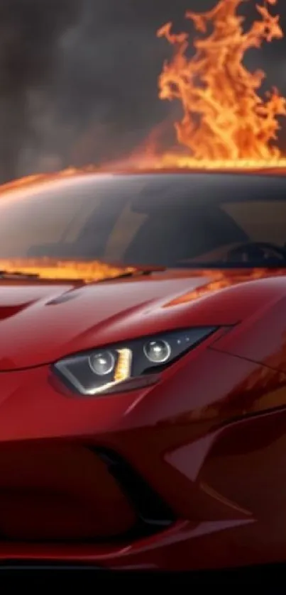 Red sports car with flames engulfing the top, creating a dramatic effect.