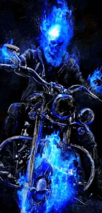 Fiery spectral rider on a motorcycle with blazing blue flames on a dark background.