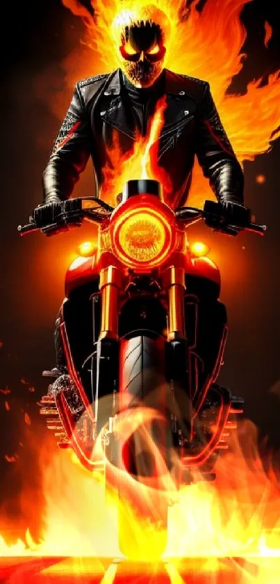 Fiery rider on a motorcycle with intense flames and dynamic motion.