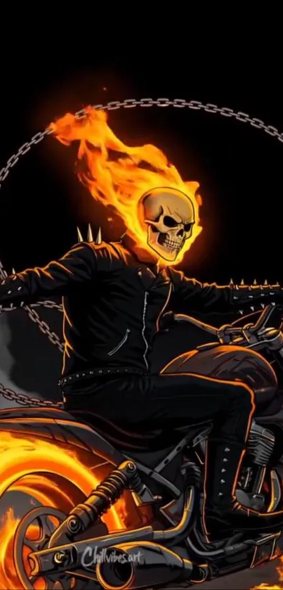 Flaming skull rider on a motorcycle with fire.