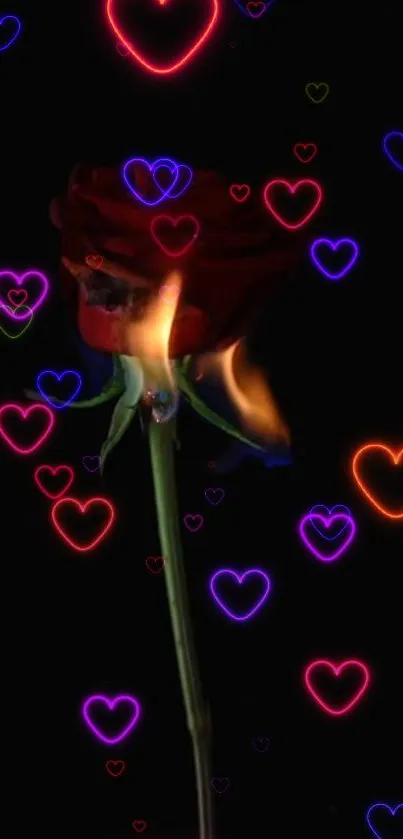 Flaming rose with neon hearts on black background mobile wallpaper.