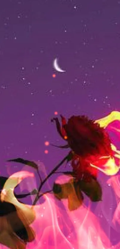 Mobile wallpaper of a flaming rose under a starry purple night sky.