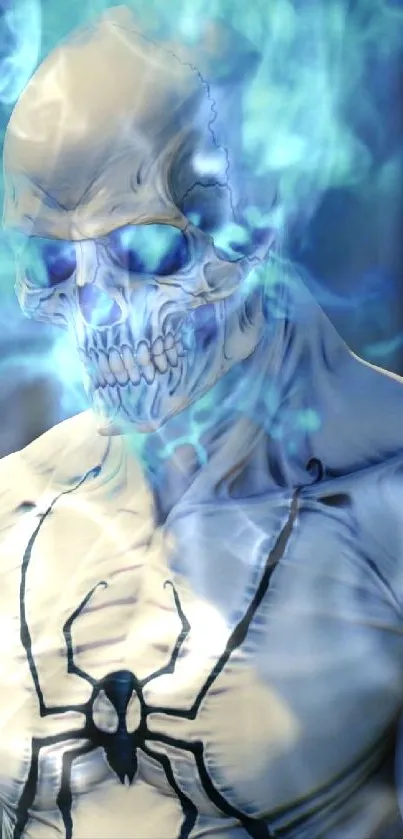 Blue flaming skeleton with tattooed chest design.