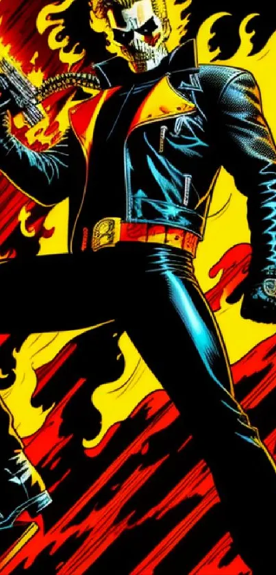 Flaming skeleton in leather jacket in vibrant comic art style.