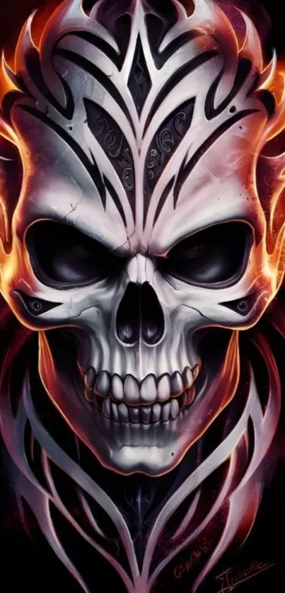 Flaming skull with tribal patterns and fiery accents.
