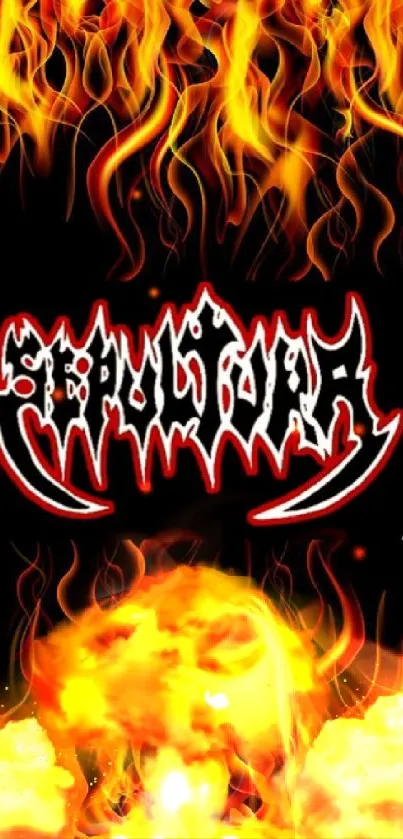 Fiery flames with band logo over dark background.