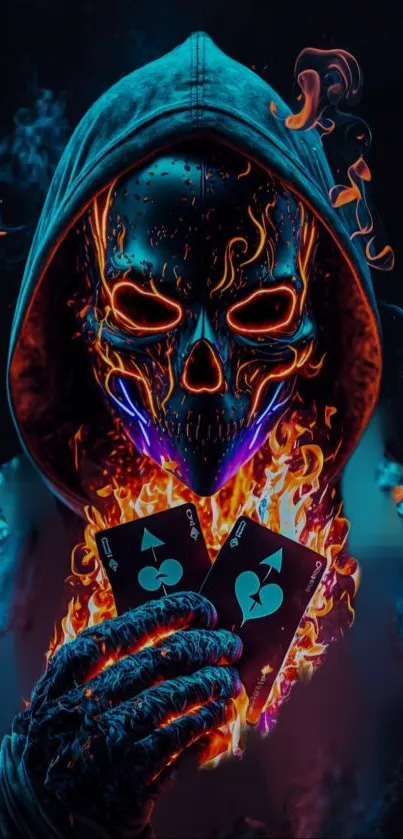 Hooded flaming skull holding playing cards.