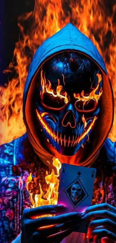 Hooded figure with flaming skull mask holding a fiery ace card.