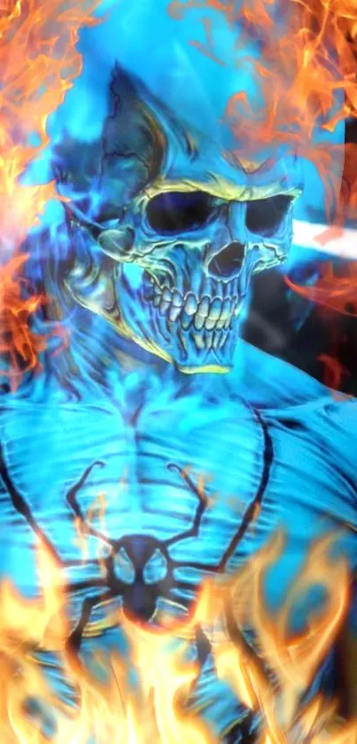 Fiery blue skeleton engulfed in orange flames, creating a bold phone wallpaper.