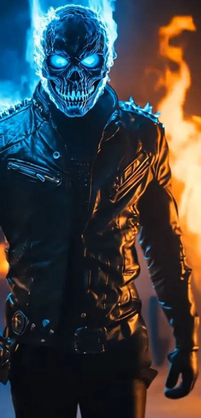 Flaming skull figure with fire backdrop.