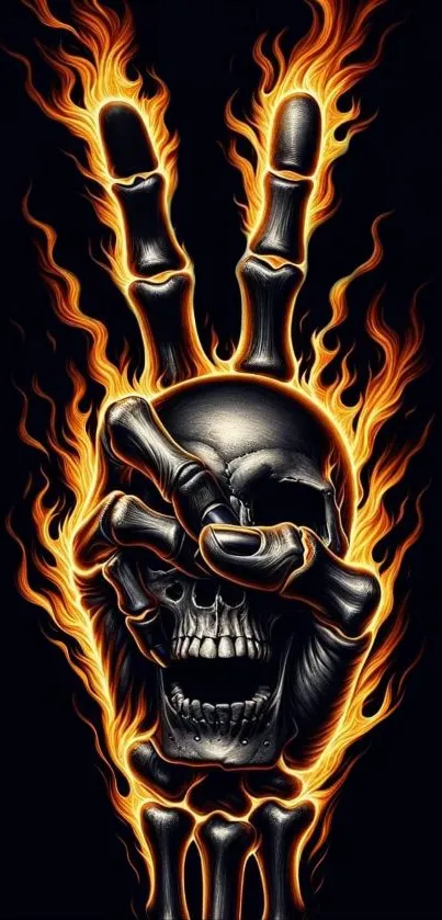 Mobile wallpaper featuring a flaming skull hand on a dark background.