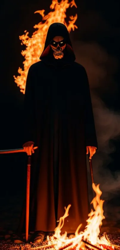 Hooded figure with flaming skull background.