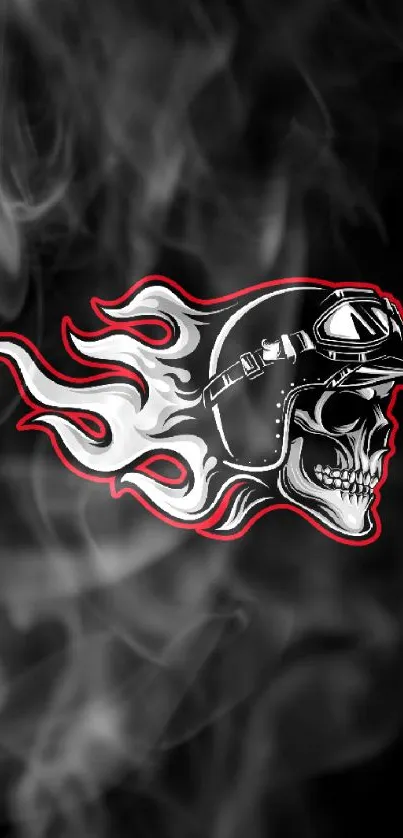 Skull with flames on black background wallpaper.