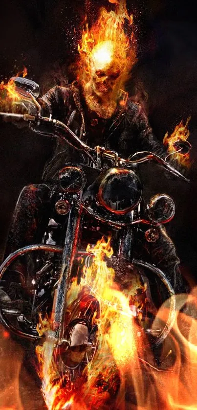 Flaming skull rides a motorcycle with intense fire effects.