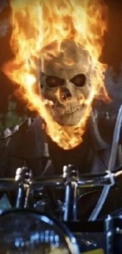 Flaming skull on motorcycle wallpaper with fiery design and intense flames.