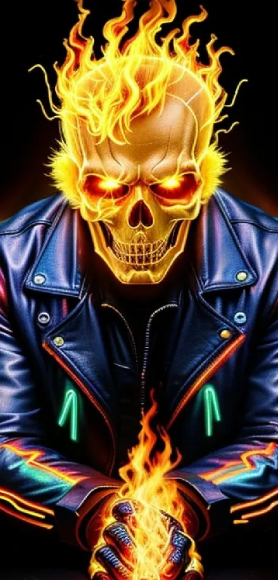 Vibrant flaming skull with neon jacket, fiery design, dark background.