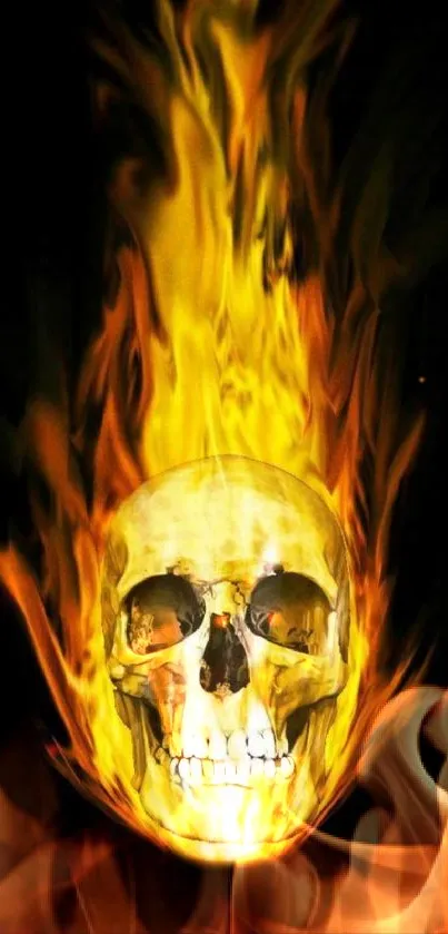 Mobile wallpaper with a flaming skull on a dark background.