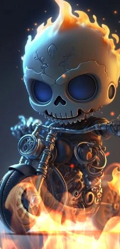 Artistic wallpaper of a skull on a flaming motorcycle, vibrant and dynamic.