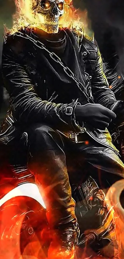 Flaming biker with skull head riding a motorcycle.