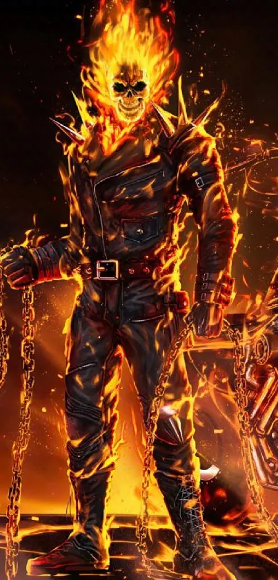 Fiery skull rider with chains and flames wallpaper.