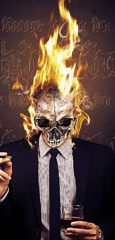 Wallpaper of a fiery skull-headed figure in a suit with intense flames and dark background.