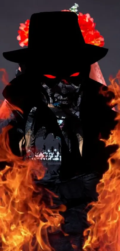 A flaming skull with red eyes in a dark, fiery gothic theme.