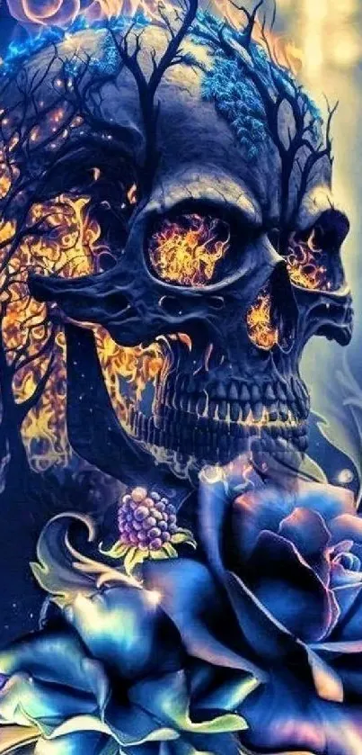 Fiery skull with vibrant roses and mystic art design.