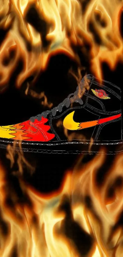 Fiery sneaker with flames as a phone wallpaper.