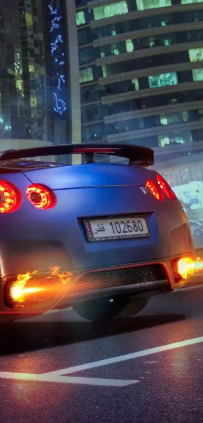 Blue sports car with flaming tailpipes in a city night scene.